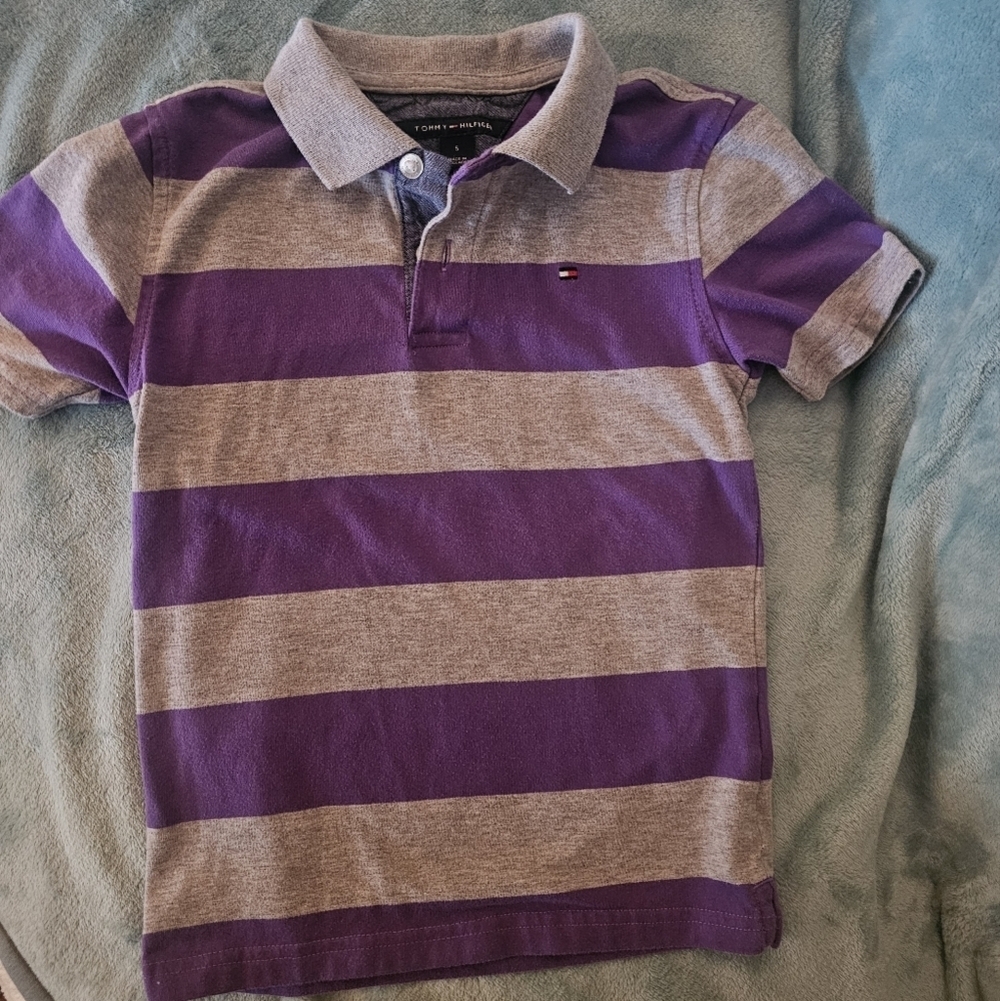 Kids Striped Polo Shirt - Purple and Gray